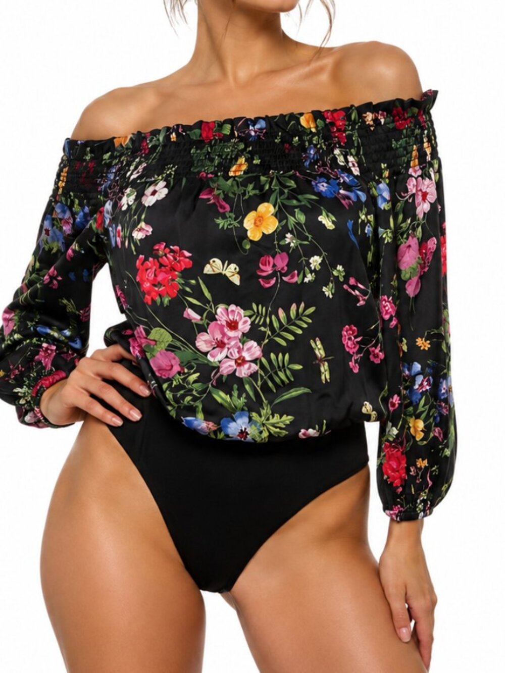 Valentine Floral Bodysuit Smocked Off Shoulder‎ Top Blouse S Base Layer Romantic